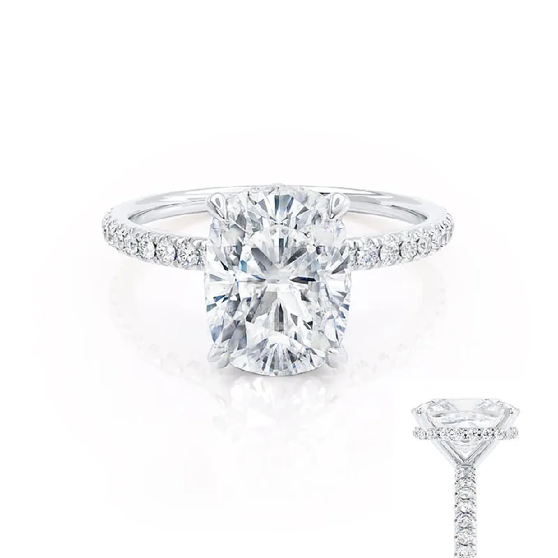 Princess - cut diamond engagement ring with a pavé - set band in platinumLIVELY - Elongated Cushion Moissanite & Diamond Platinum Petite Hidden Halo Pavé Shoulder Set Ring