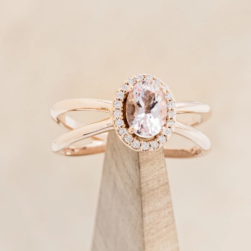 Men's Ruby Engagement Rings in Rose Gold with a Solitaire Design for a Romantic Gesture"FRENCHY" - OVAL MORGANITE ENGAGEMENT RING WITH DIAMOND HALO