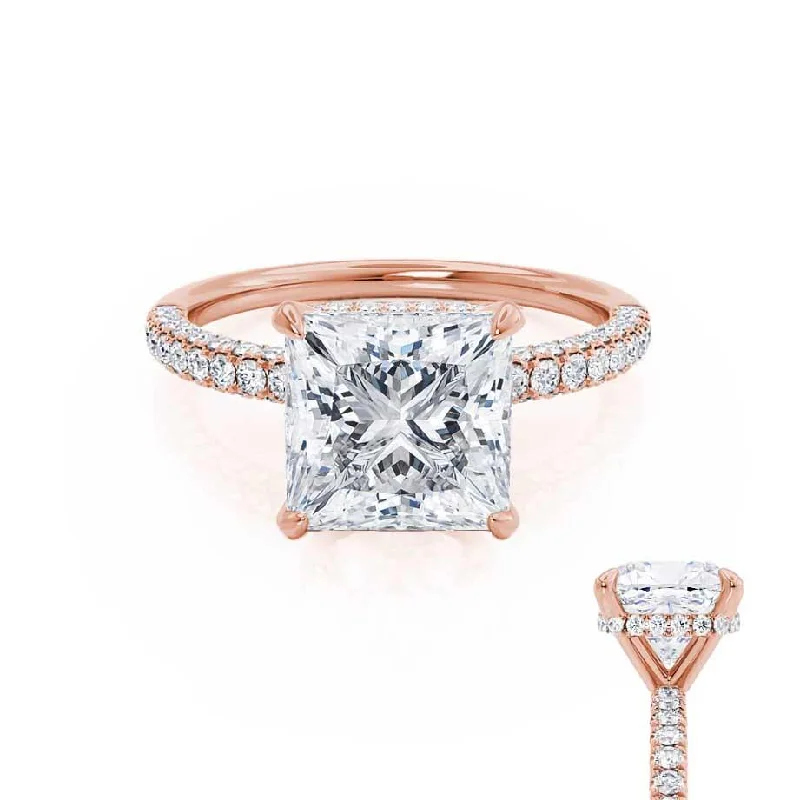 Pear - shaped diamond engagement ring with side baguette diamonds in 18K goldCOCO - Princess Moissanite & Diamond 18k Rose Gold Hidden Halo Triple Pavé Shoulder Set