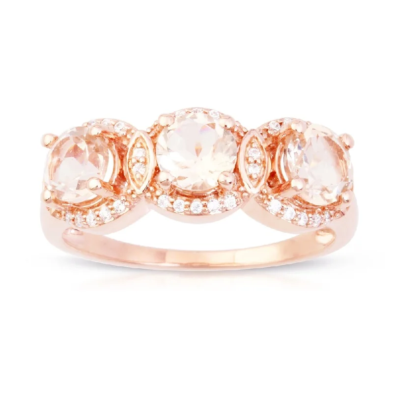 Channel - Set Women's Diamond Rings with Diamonds Securely Held in a Metal Groove for DurabilityMorganite Gemstone 1/8ct TDW Diamond Three-Stone Halo Ring in 10k Rose Gold