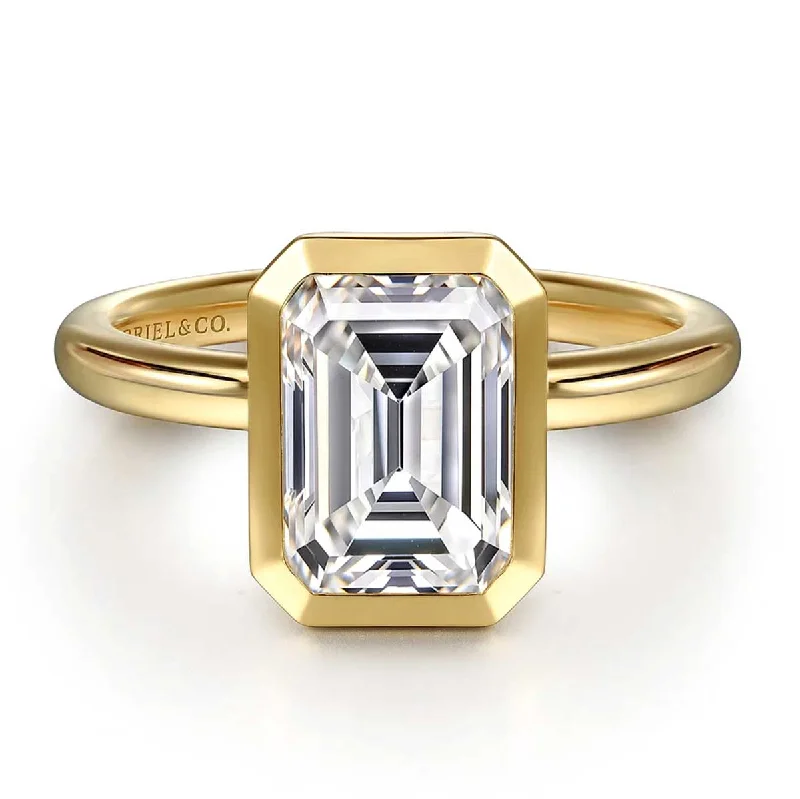 Three - stone diamond engagement ring in rose gold, symbolizing past, present, and futureLinny Bezel-Set Emerald Cut Diamond Engagement Ring Setting