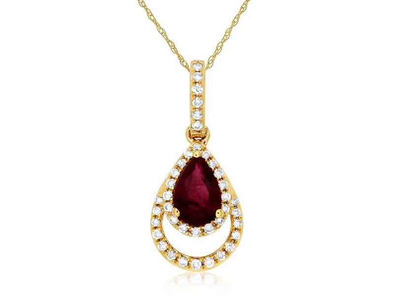 Pear - shaped diamond engagement ring with side baguette diamonds in 18K goldPear Shaped Ruby Double Diamond Halo Pendant Necklace in 14k Yellow Gold