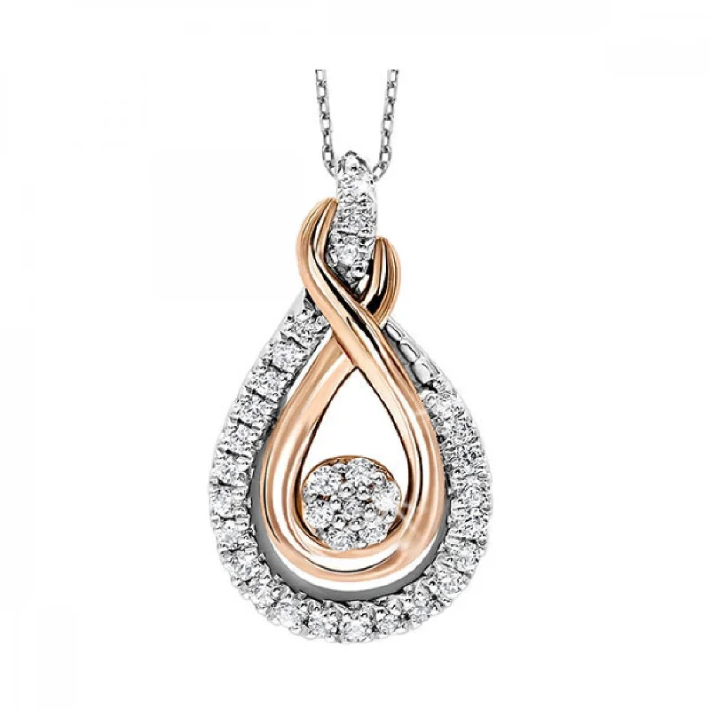 Round - cut diamond engagement ring with a twisted band design in 14K white goldTeardrop Pendant in Sterling Silver and Rose Gold