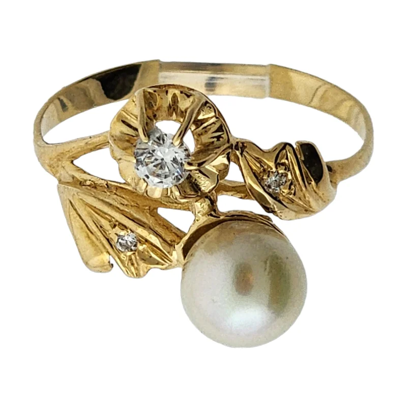 Pearl - Adorned Fashion Rings in Gold - Tone Alloy for a Sophisticated Look1143 - 19.2kt Portuguese Gold Ladies Traditional Engagement Ring with CZs & Pearl