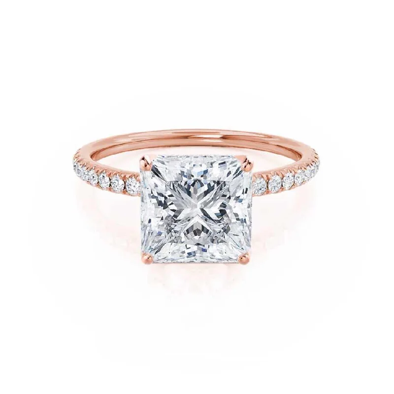 Pear - shaped diamond engagement ring with side baguette diamonds in 18K goldMACY - Princess Moissanite & Diamond 18k Rose Gold Petite Pavé Ring