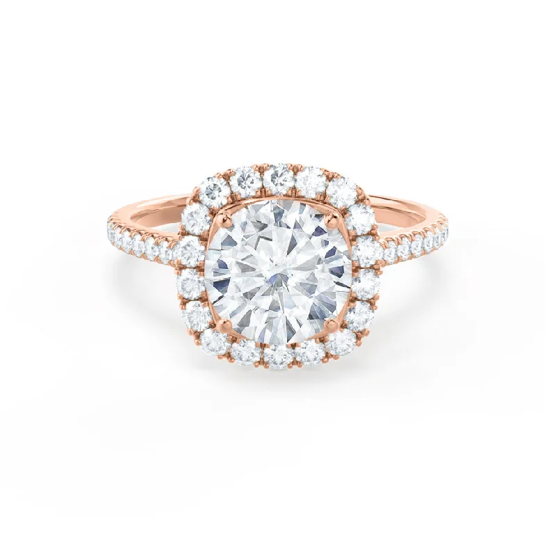 Aquamarine and diamond engagement ring in a 18K white - gold setting with a scalloped edgeBLUSH - Round Moissanite & Diamond 18k Rose Gold Petite Halo Ring