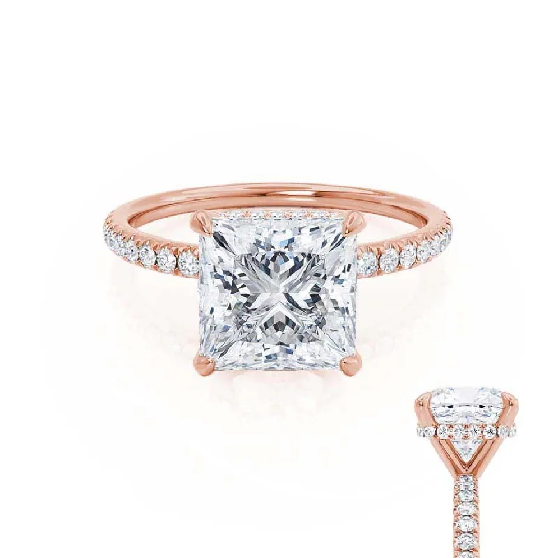 Solitaire diamond engagement ring with a platinum setting for a classic and elegant lookLIVELY - Princess Moissanite & Diamond 18k Rose Gold Hidden Halo Micro Pavé Shoulder Set