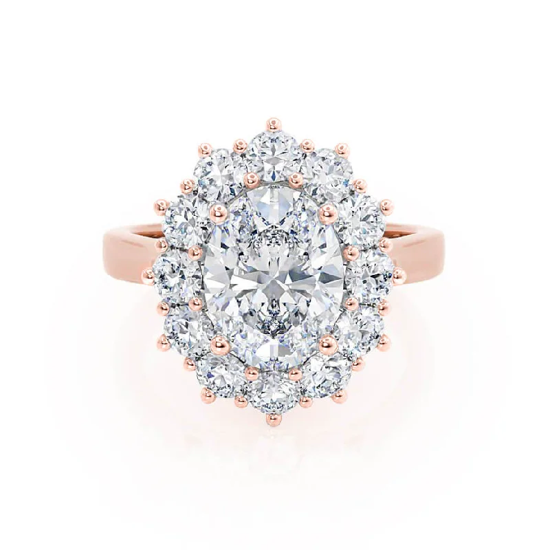 Vintage - style engagement ring with filigree details and sapphire accents in 14K yellow goldDIANA - Iconic Oval Moissanite & Lab Diamond 18k Rose Gold