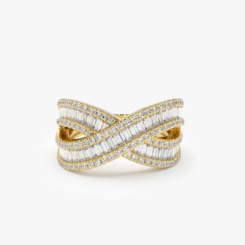 Three - Stone Women's Diamond Rings Symbolizing Past, Present, and Future with Emerald - Cut Diamonds14k Baguette Diamond Crossover Ring