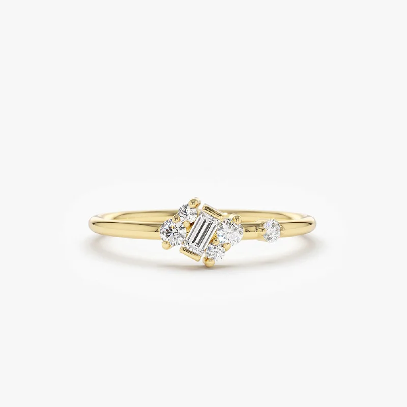 Marquise - Cut Women's Diamond Rings in Palladium for a Unique and Elongated Shape14K Gold Slanted Baguette and Round Diamond Ring