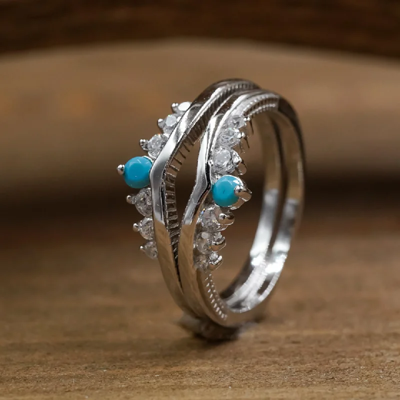 Vintage - Inspired Filigree - Design Women's Rings in Sterling SilverThe Turquoise & CZ Wishbone Stacker Set