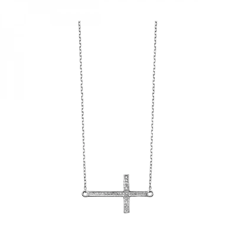 Round - cut diamond engagement ring with a twisted band design in 14K white goldHorizontal Cross Diamond Pave Pendant Necklace