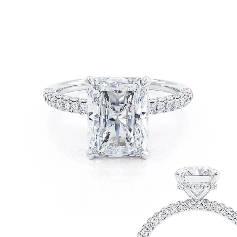 Radiant - cut diamond engagement ring with a bezel - set center stone in 18K yellow goldCOCO - Radiant Moissanite & Diamond Platinum Petite Hidden Halo Triple Pavé Shoulder Set Ring