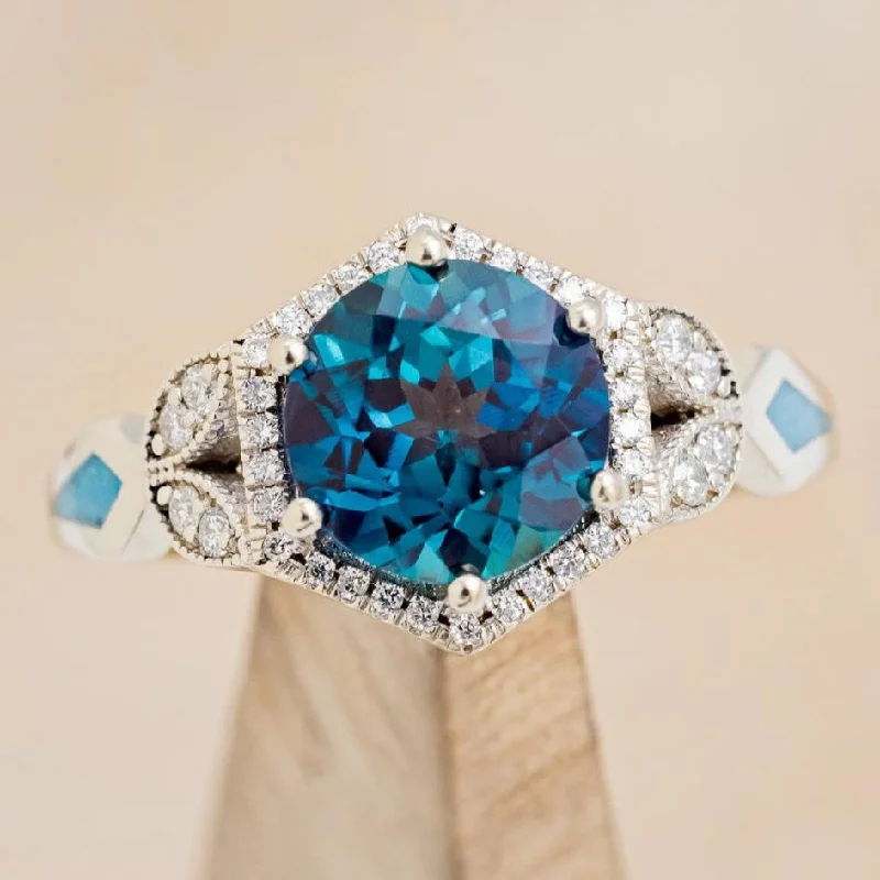 Men's Alexandrite Engagement Rings in Platinum with a Hidden Halo of Diamonds"LUCY IN THE SKY" - ROUND CUT LAB-GROWN ALEXANDRITE ENGAGEMENT RING WITH DIAMOND ACCENTS & TURQUOISE INLAYS