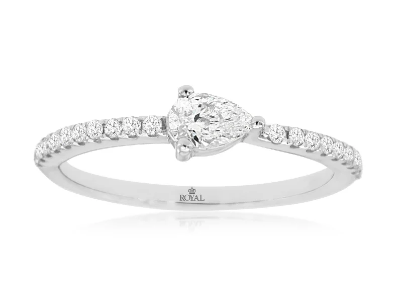 Radiant - cut diamond engagement ring with a bezel - set center stone in 18K yellow goldPear Shaped Diamond Pave Engagement Ring in 14k White Gold, 0.42cttw