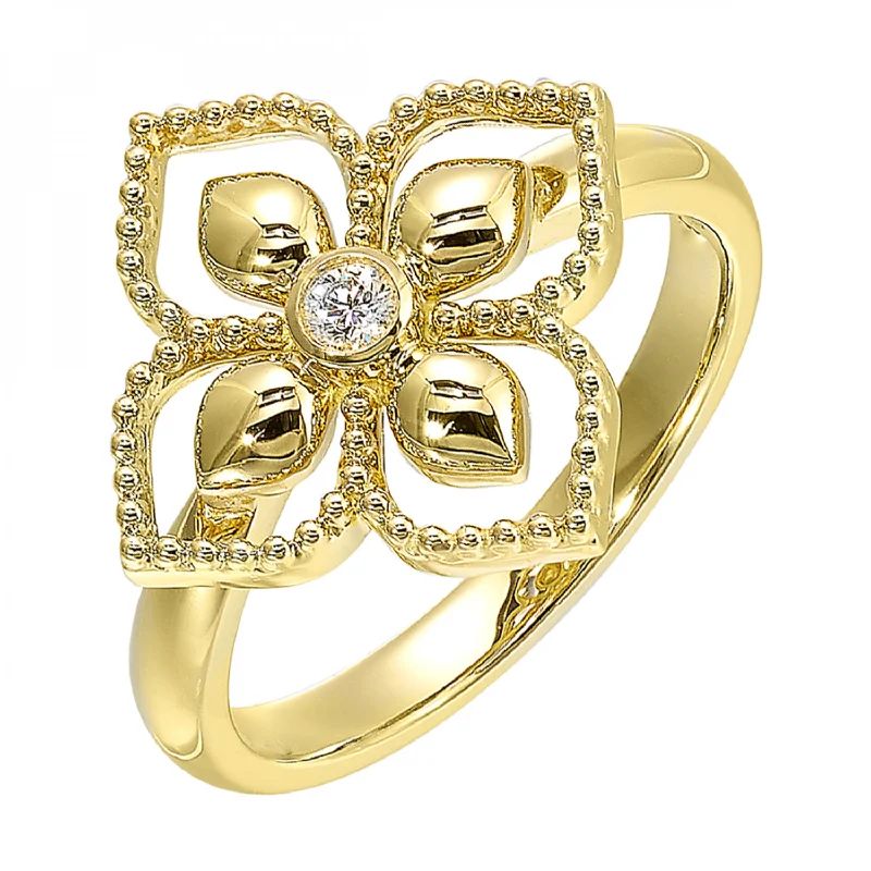 Radiant - cut diamond engagement ring with a bezel - set center stone in 18K yellow goldBeaded 14K Yellow Gold Diamond Petal Ring