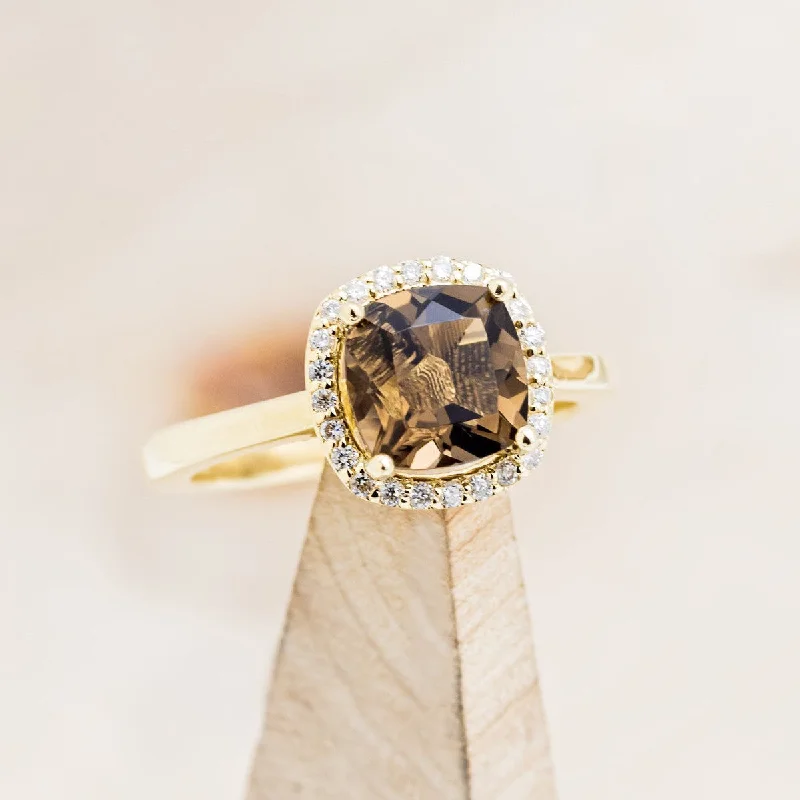 Men's Black Onyx Engagement Rings Set in Titanium for a Modern and Bold Look"BRINA" - CUSHION CUT SMOKY QUARTZ ENGAGEMENT RING WITH DIAMOND HALO