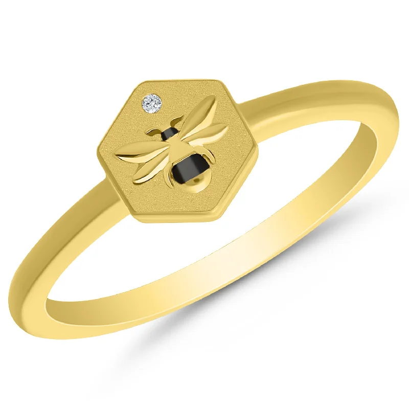 Cushion - cut diamond engagement ring with a halo of moissanite in a silver - plated bandEngraved Honeycomb Bee Diamond Ring in 10k Yellow Gold, 0.01 cttw