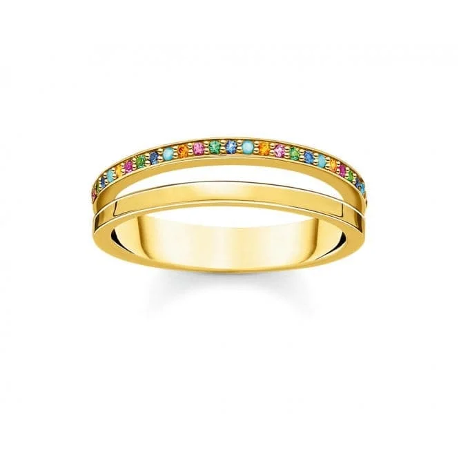 Geometric - Shaped Fashion Rings in Titanium with Iridescent InlaysYellow Gold Multicolour Stone Double Ring TR2316-488-7