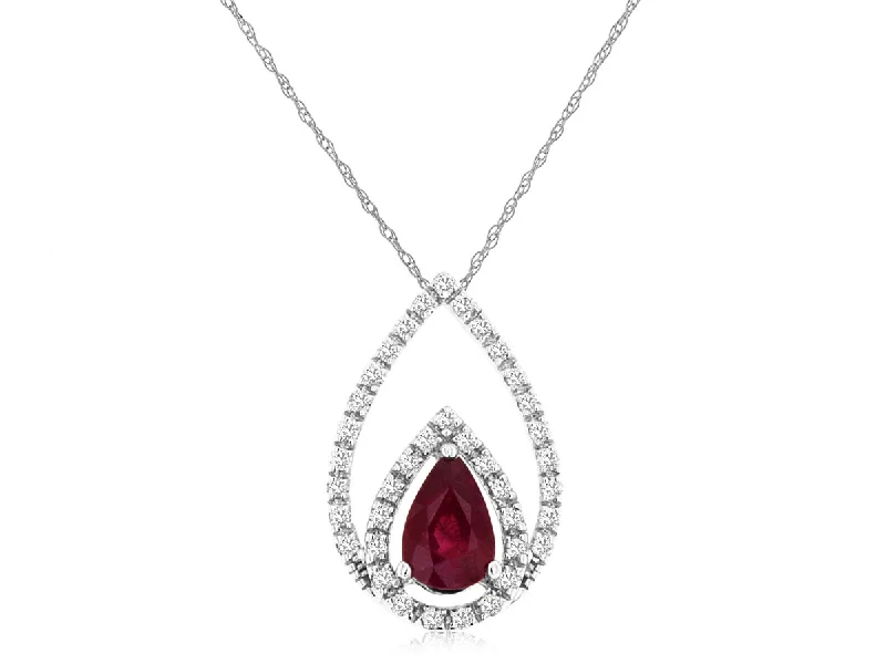 Three - stone diamond engagement ring in rose gold, symbolizing past, present, and futurePear Shaped Ruby Double Diamond Halo Pendant Necklace in 14k White Gold