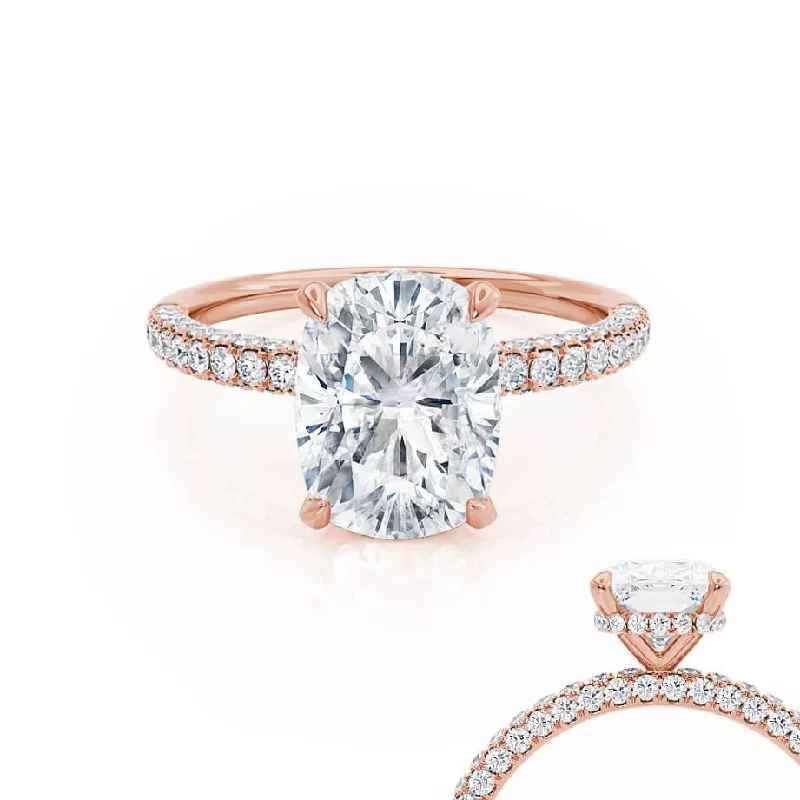 Solitaire diamond engagement ring with a platinum setting for a classic and elegant lookCOCO - Elongated Cushion Moissanite & Diamond 18k Rose Gold Petite Hidden Halo Triple Pavé Ring