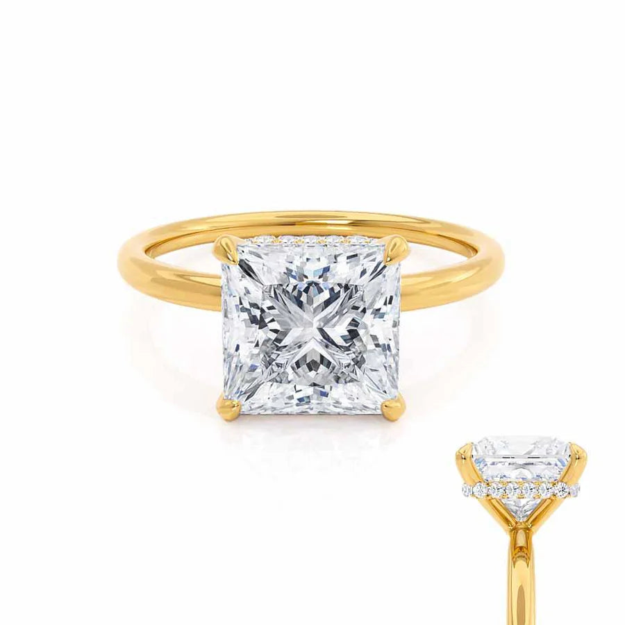 Princess - cut diamond engagement ring with a pavé - set band in platinumPARIS - Princess Lab Diamond 18k Yellow Gold Petite Hidden Halo