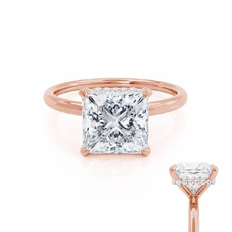 Pear - shaped diamond engagement ring with side baguette diamonds in 18K goldPARIS - Princess Moissanite & Diamond 18k Rose Gold Hidden Halo