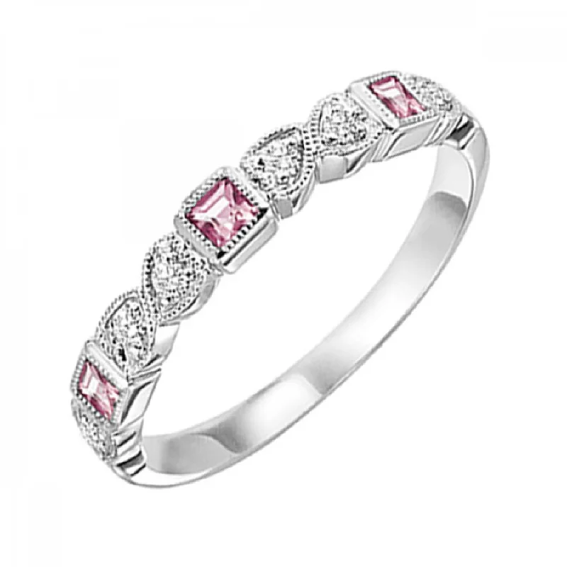 Emerald and diamond engagement ring in a vintage - inspired platinum bandStackable Princess Cut Pink Tourmalines and Round Diamond Ring Band in 10k White Gold