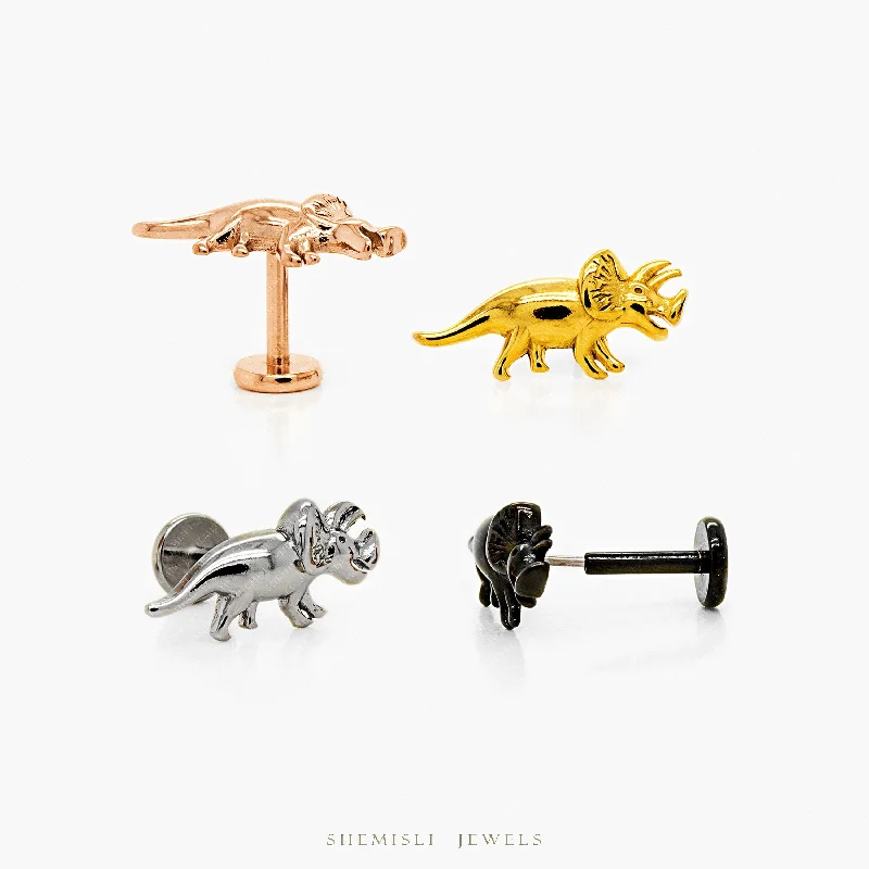 Kids' Plastic Animal - Shaped Stud Earrings in Bright Colors for a Fun and Safe AccessoryDainty Triceratops Dinosaur Threadless Flat Back Earrings, 20,18,16ga, 5-10mm Unisex, Surgical Steel SHEMISLI SS578