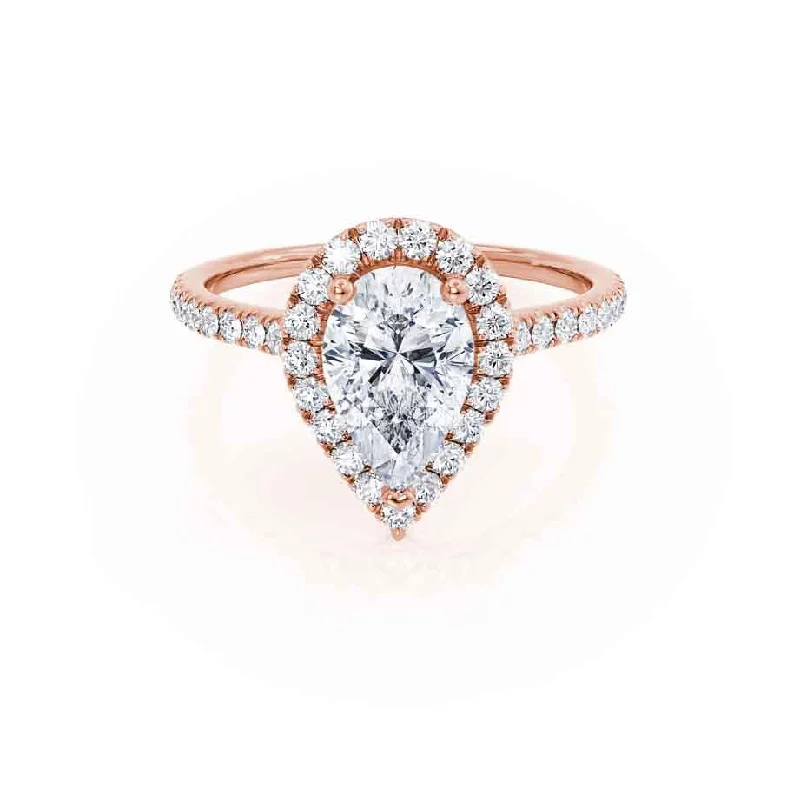 Pink diamond engagement ring in a rose - gold band with white - gold accentsHARLOW - Pear Lab Diamond 18k Rose Gold Petite Halo