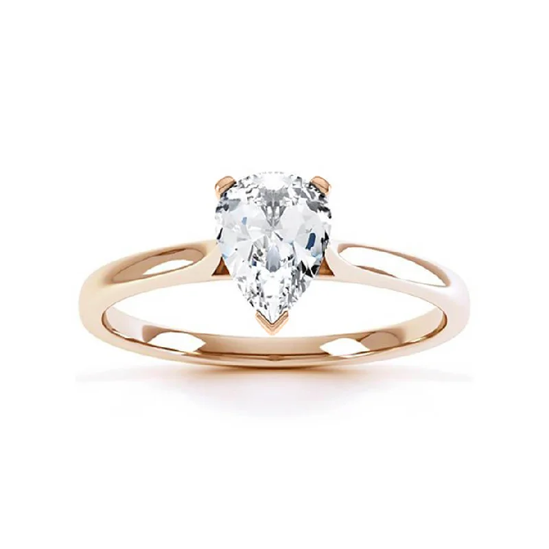 Three - stone diamond engagement ring in rose gold, symbolizing past, present, and futureSLOANE - Pear Moissanite 18k Rose Gold Solitaire Ring