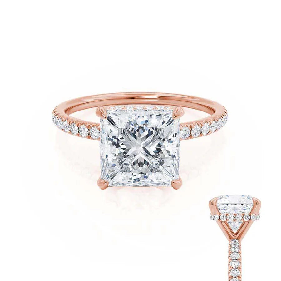 Cushion - cut diamond engagement ring with a halo of moissanite in a silver - plated bandLIVELY - Princess Lab Diamond 18k Rose Gold Petite Hidden Halo