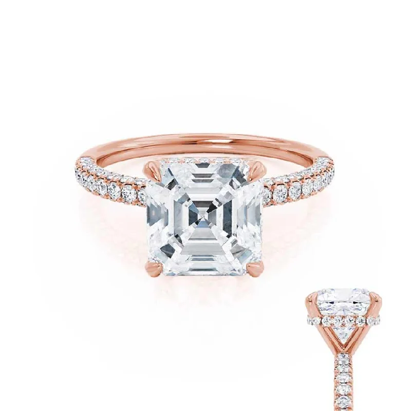 Marquise - cut diamond engagement ring with a split - shank band in platinumCOCO - Asscher Moissanite & Diamond 18k Rose Gold Hidden Halo Triple Pavé Shoulder Set