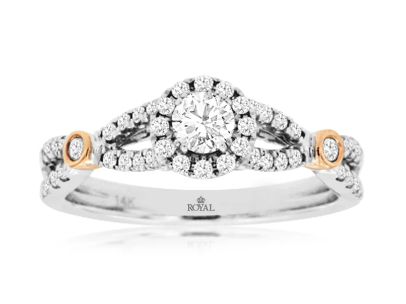 Pink diamond engagement ring in a rose - gold band with white - gold accentsRound Diamond Crossover Halo Engagement Ring in 14k White and Rose Gold, 0.58cttw