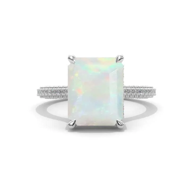 Men's Aquamarine Engagement Rings in 9K Gold with a Bezel - Set Stone5 Carat Giliarto Emerald Step Cut White Opal Hidden Halo Engagement Ring