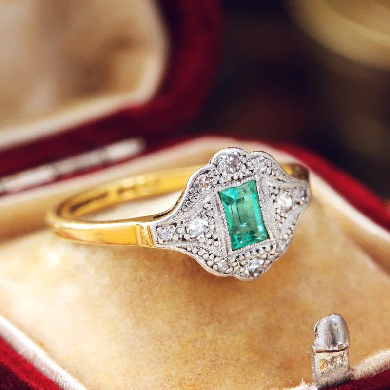 Engagement - Inspired Women's Rings with a Halo of Small DiamondsMuch Sought After 1920's Emerald & Diamond Ring