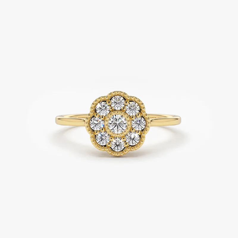 Adjustable Women's Diamond Rings with a Flexible Band for a Comfortable and Custom Fit14K Gold Floral Diamond Ring