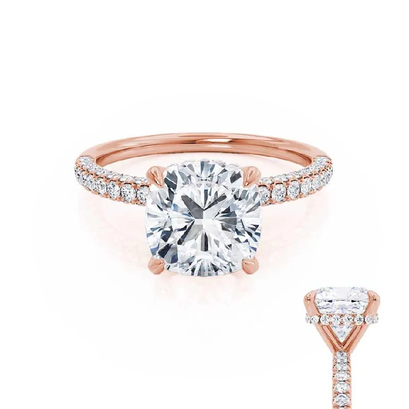 Three - stone diamond engagement ring in rose gold, symbolizing past, present, and futureCOCO - Cushion Moissanite & Diamond 18k Rose Gold Hidden Halo Triple Pavé Shoulder Set