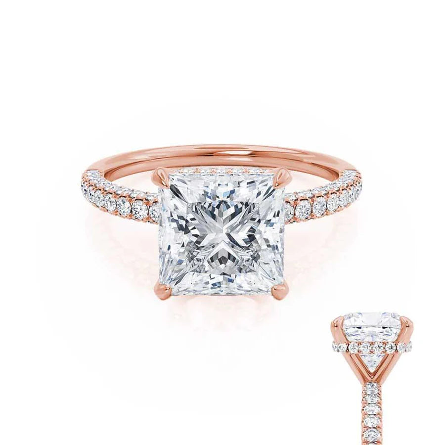 Pink diamond engagement ring in a rose - gold band with white - gold accentsCOCO - Princess Lab Diamond 18k Rose Gold Hidden Halo Triple Pavé Shoulder Set