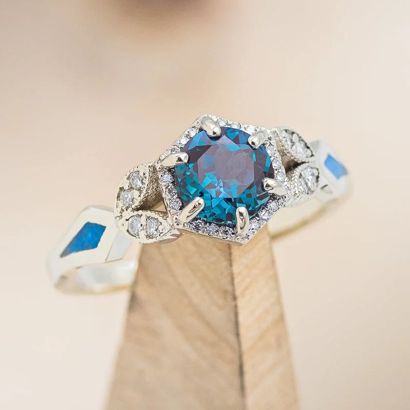 Men's Turquoise Engagement Rings in 925 Silver with a Southwestern - Inspired Band"LUCY IN THE SKY" PETITE - ROUND CUT LAB-GROWN ALEXANDRITE ENGAGEMENT RING WITH DIAMOND ACCENTS & BLUE OPAL INLAYS