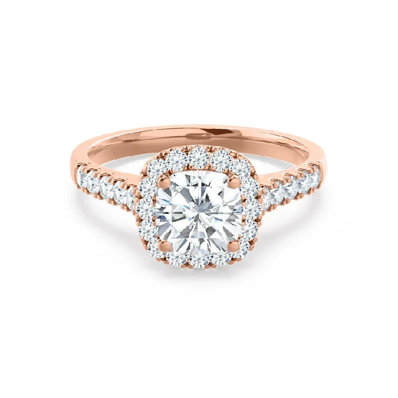 Asscher - cut diamond engagement ring with a pavé - set eternity band in platinumOPHELIA - Cushion Moissanite & Diamond 18k Rose Gold Halo Ring