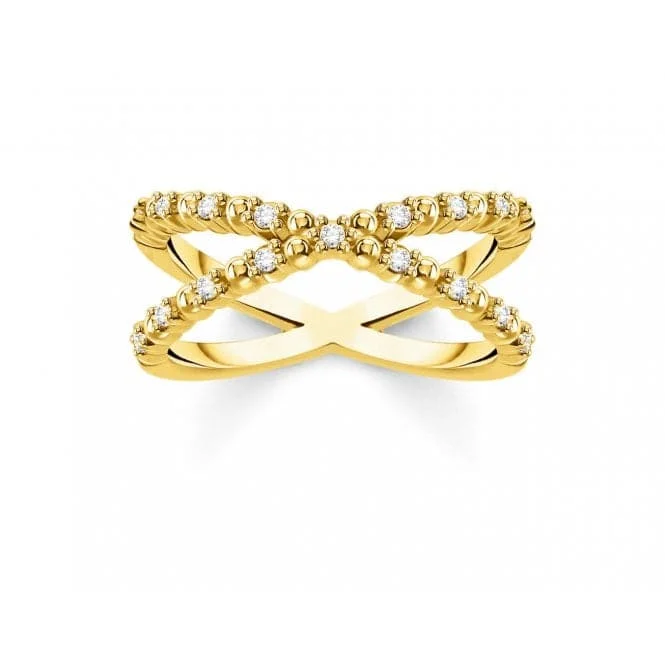 Open - Band Fashion Rings in Sterling Silver with Gemstone InlaysYellow Gold Zirconia Criss Cross Ring TR2318-414-14