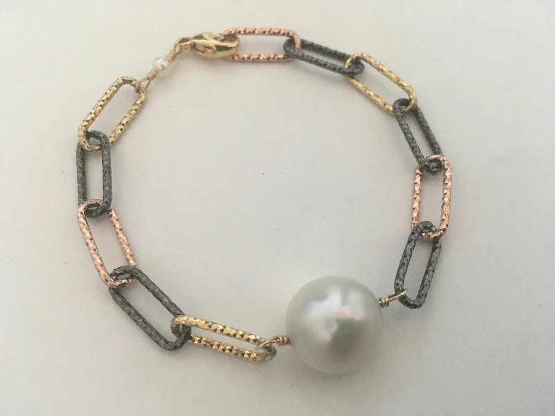 Vintage - Inspired Pearl Bracelets with Filigree and Enamel DetailsReal Large Baroque Pearl Freshwater Cultured Bracelet on Rose Gold Fill/14K Gold Fill/Oxidized Sterling Silver Chain