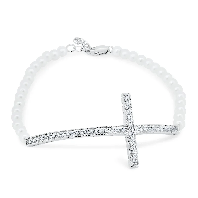 Adjustable Pearl Bracelets with Delicate Silk Cords for a Comfortable FitSilver 925 Cross CZ Pearl Bracelet - BGB00087