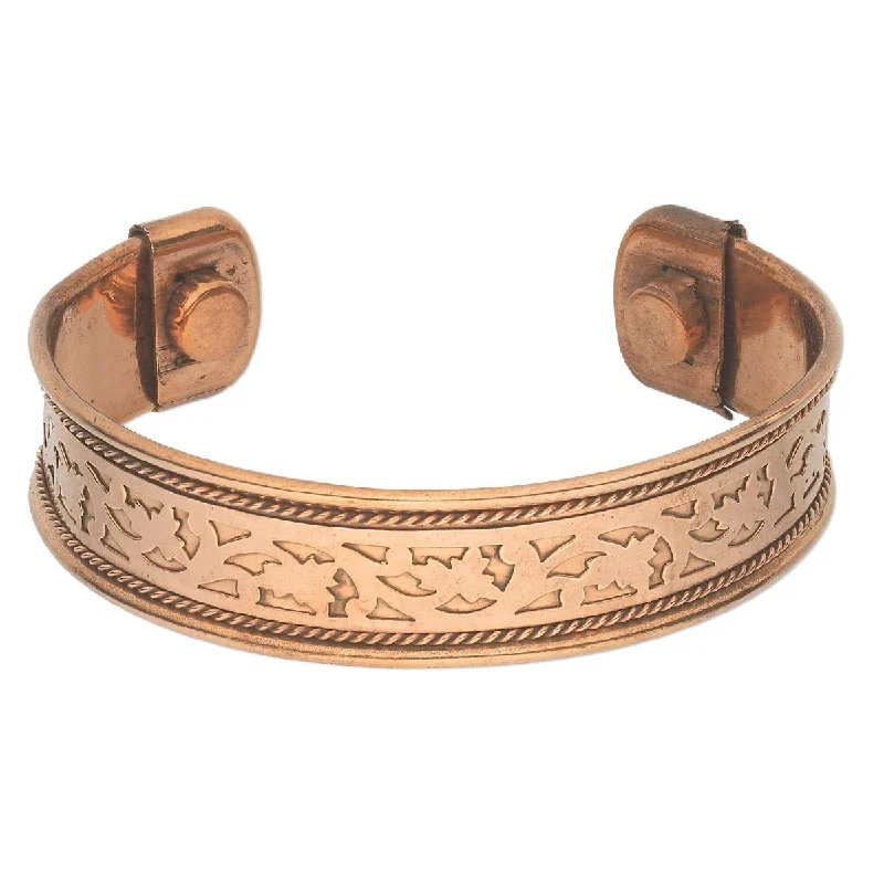 Magnetic Closure Women's Cuff Bracelets with Crystal Embellishments for Easy WearAdjustable Magnetic Pure Copper Cuff Bracelet with Floral Cutout Design