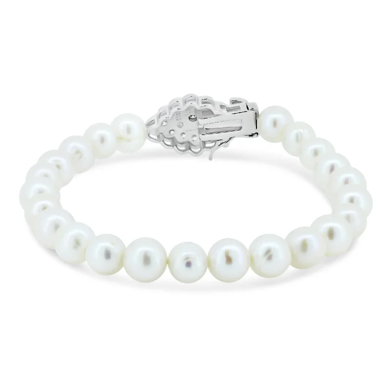 Leather - Wrapped Pearl Bracelets with Studded Details for a Rock - Chic VibeSilver 925 Rhodium Plated Flower CZ Fresh Water Pearl Bracelet - BGB00080