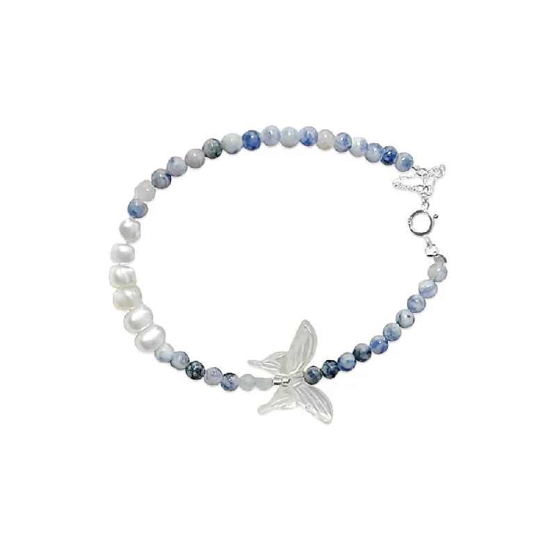 Vintage - Inspired Pearl Bracelets with Filigree and Enamel Details925 Silver Freshwater Pearl White Butterfly Blue Point Stone Bracelet