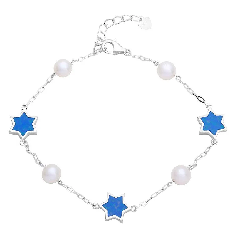 Pearl Bracelets with Celtic Knotwork - Inspired Chains for a Symbolic TouchRhodium Plated 925 Sterling Silver Fresh Water Mother of Pearl with Blue Enamel Star Bracelet - GMB00043RH