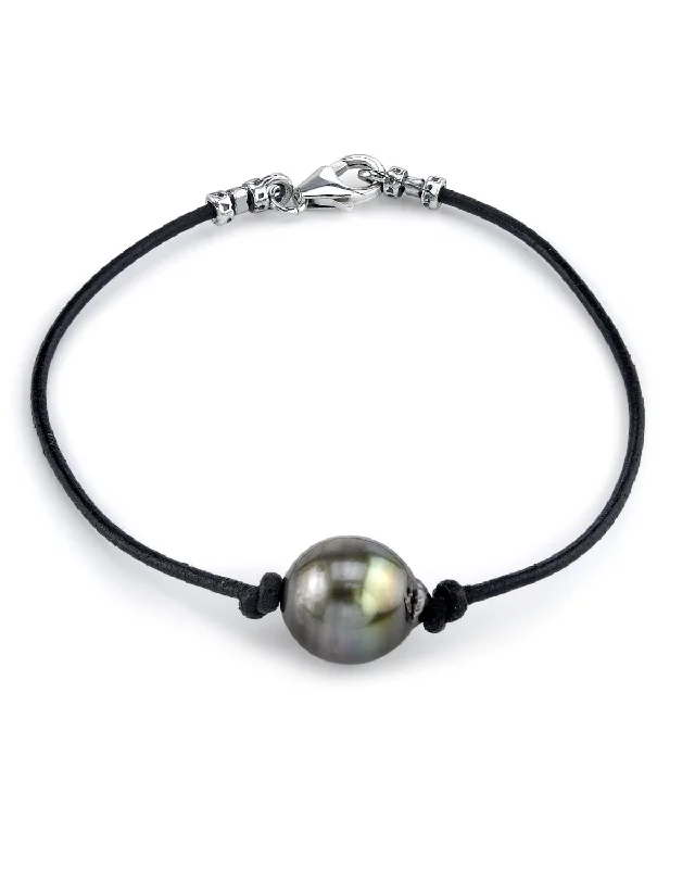 Handmade Pearl Bracelets with Polymer Clay Bead Accents for a Personal TouchBlack Tahitian Baroque Pearl on Leather Bracelet