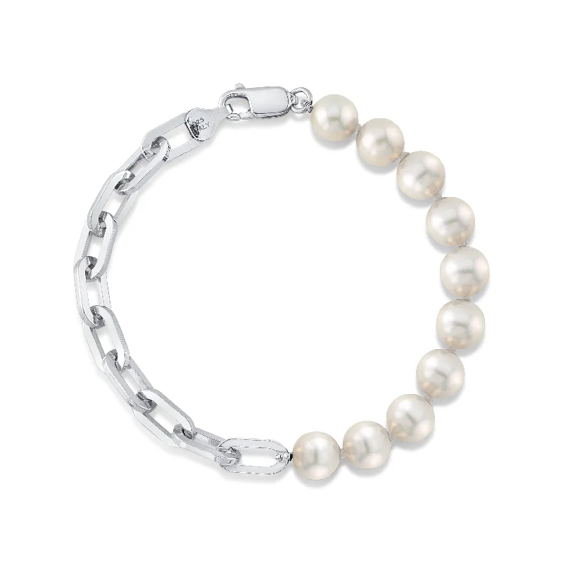 Unisex Pearl Bracelets with Abstract Artwork - Engraved Metal Links7mm White Freshwater Oscar Pearl & Chain Bracelet